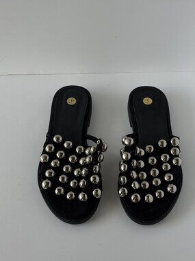 Black Silver Studded Flat Slide Sandals